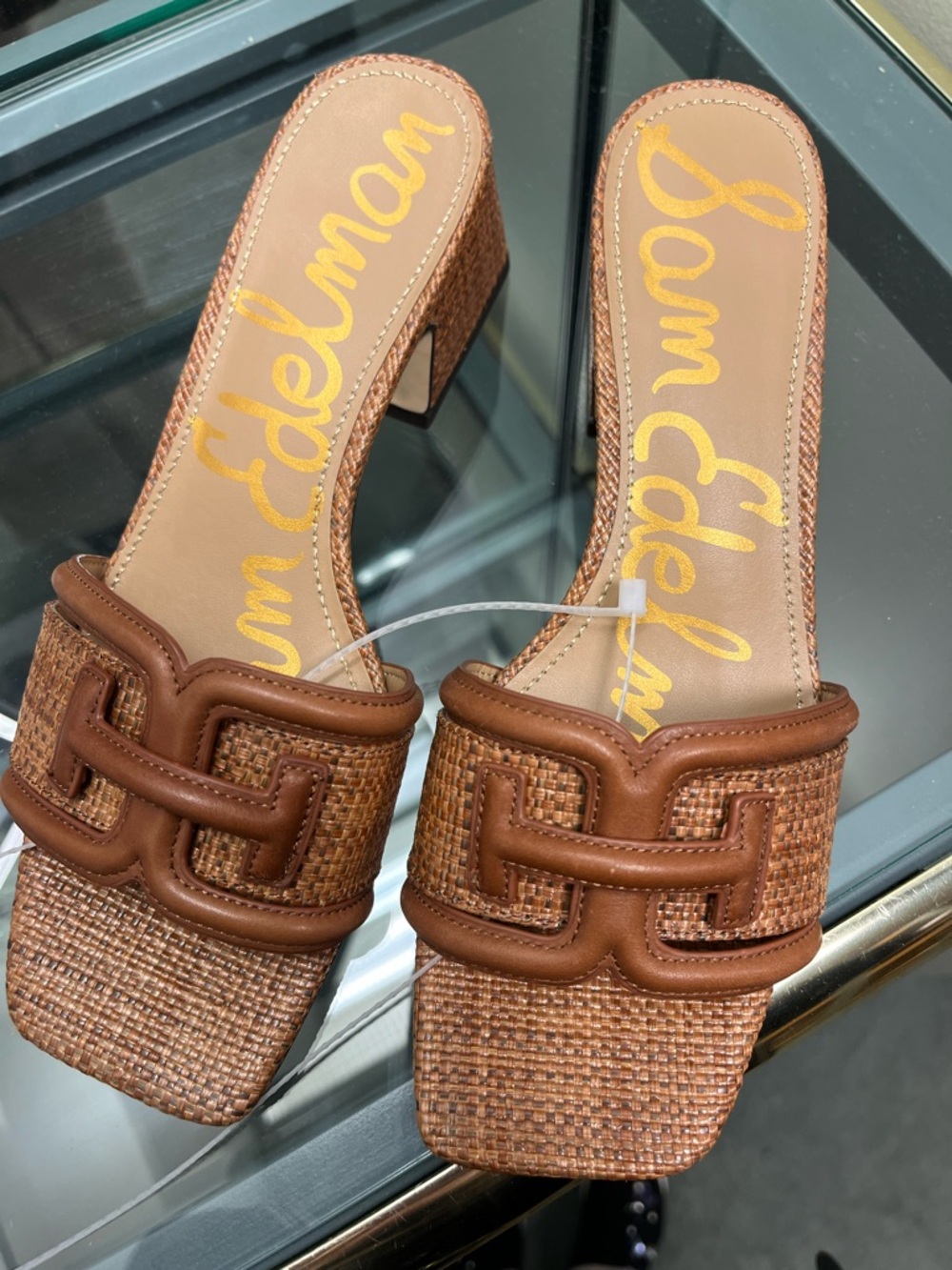 Sam Edelman Tan Woven Leather Block Heel Mules
